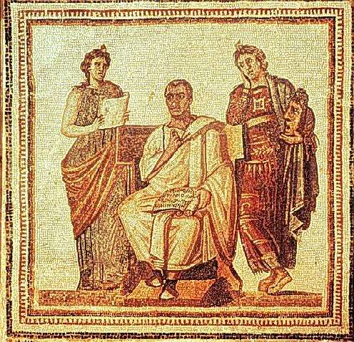 Vergil zwischen den Musen Kalliope und Melpomene. Mosaik aus Hadrumetum (N-Afrika), 3. Jh. n. Chr.